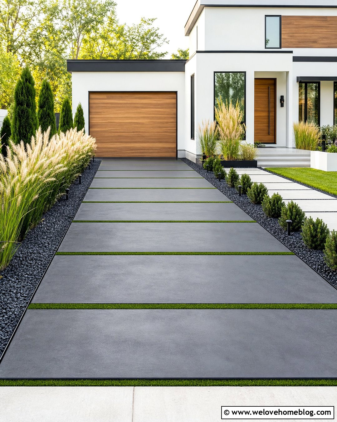 Charcoal Stained Concrete Driveway With Grass Strips - 30 Stained Concrete Driveway Ideas