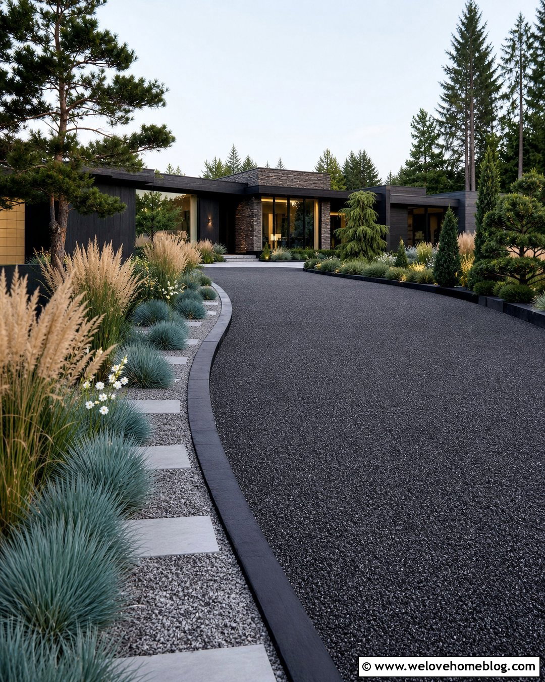 Charred Log Driveway Edging With Black Gravel - 20 log driveway edging ideas