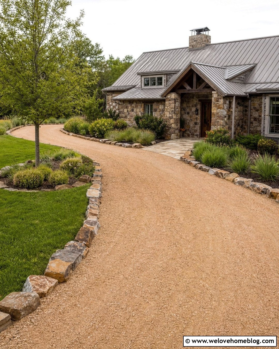 Cheap Curved Gravel Driveway With Natural Stone Edging - 20 cheap gravel driveway ideas
