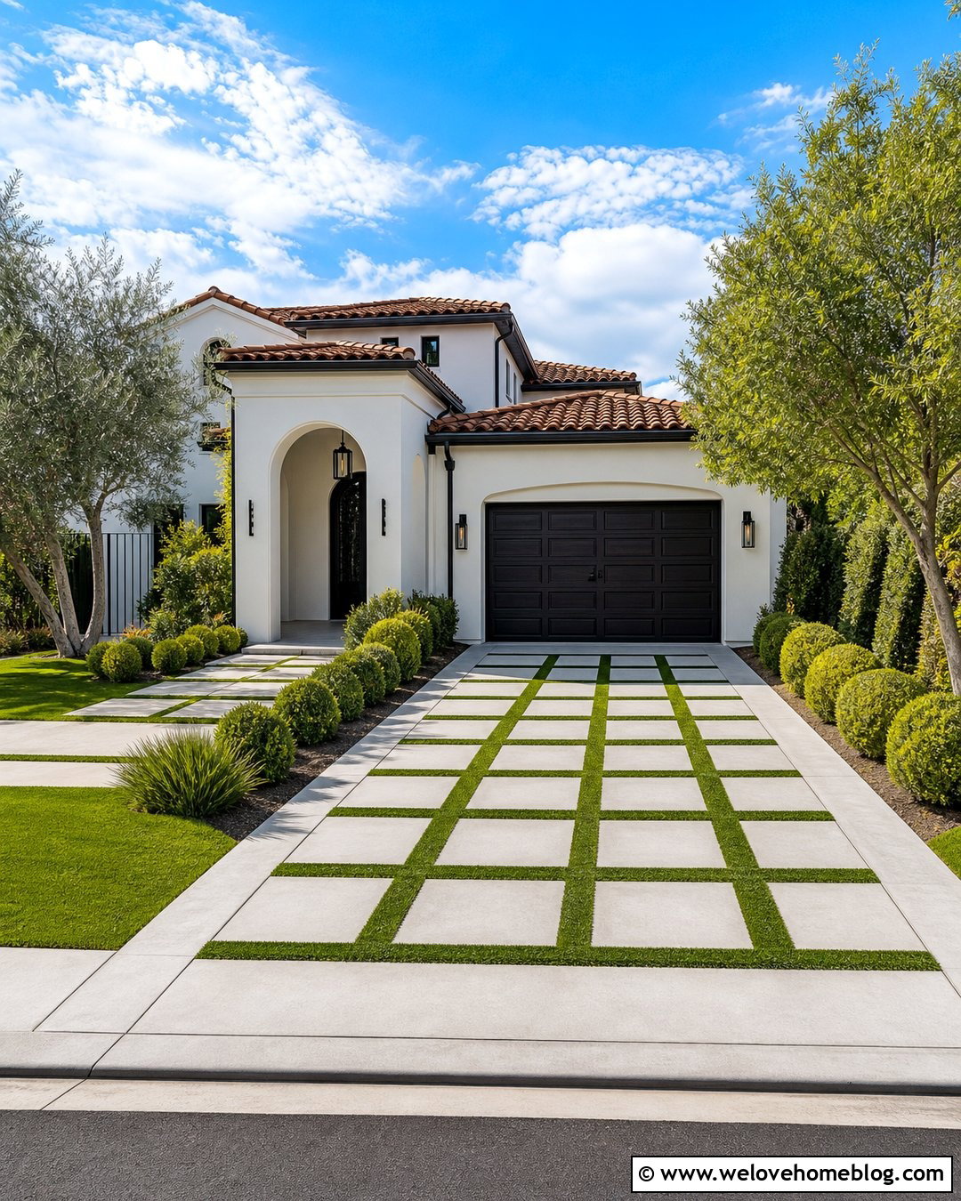 Checkerboard Concrete Driveway With Artificial Grass - 20 grass and concrete driveway ideas