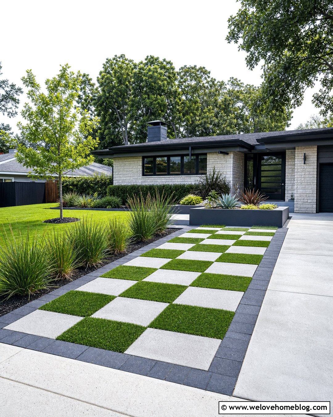 Checkerboard Grass Paver Extension - 30 Driveway Pavers Extension Ideas