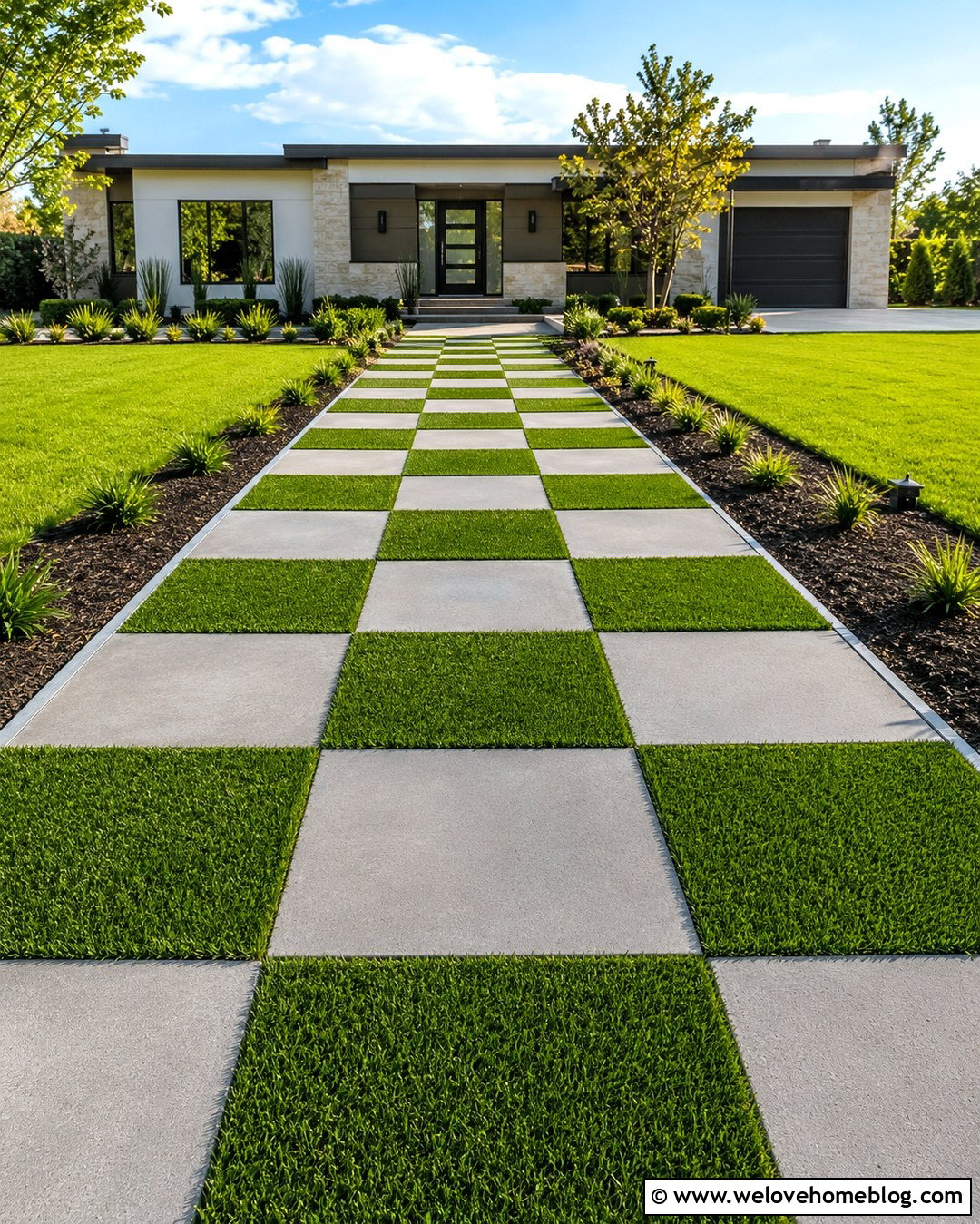 Checkerboard Paver And Grass Driveway - 20 grass and paver driveway ideas