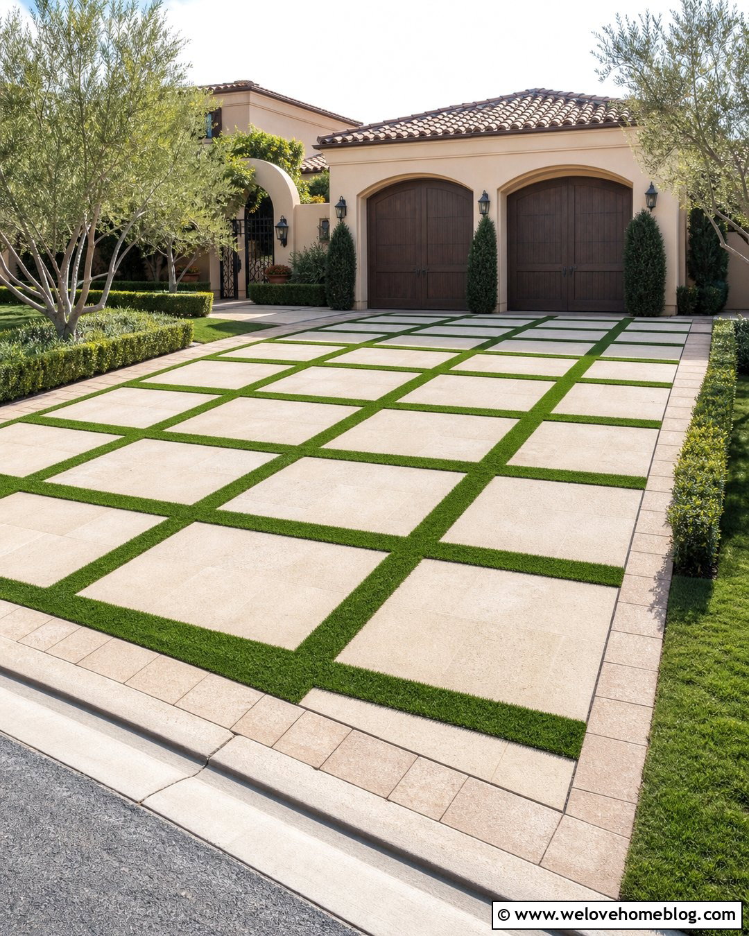 Checkerboard Paver Driveway With Artificial Turf - 20 Driveway With Turf Ideas