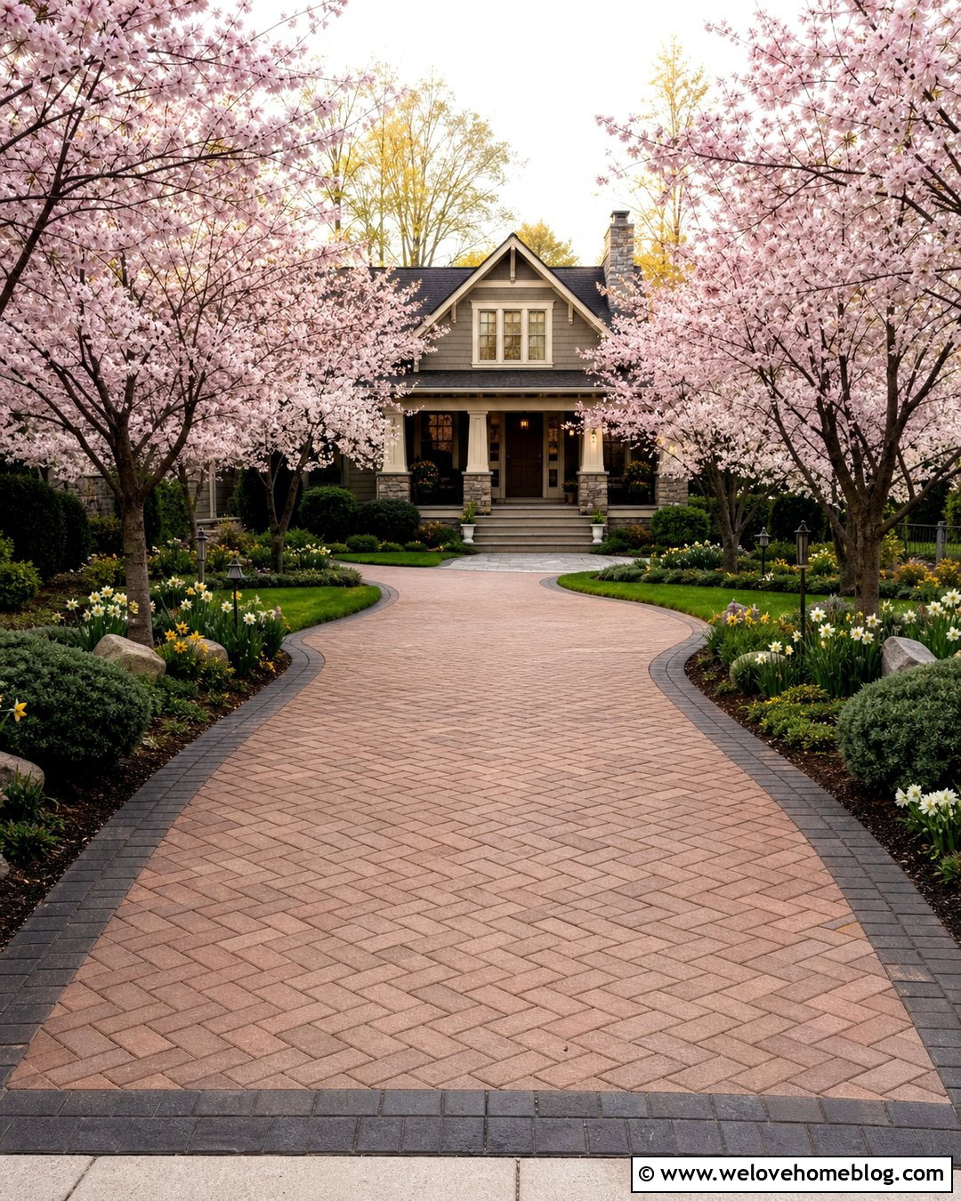 Cherry Tree Lined Paver Driveway - 40 Tree Lined Driveway Ideas