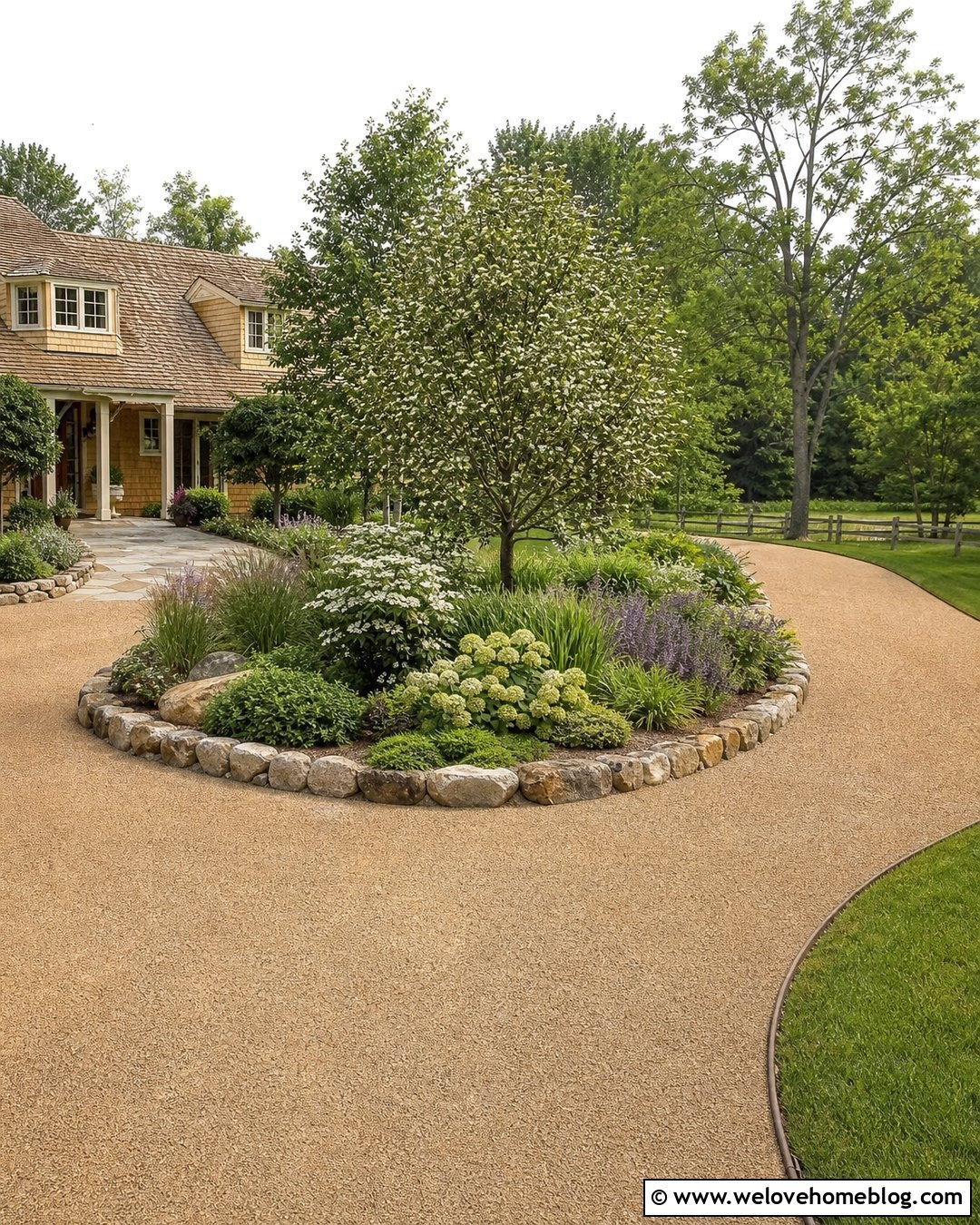 Chip Seal Circle Driveway With Country Garden - 35 Circle Driveway Ideas