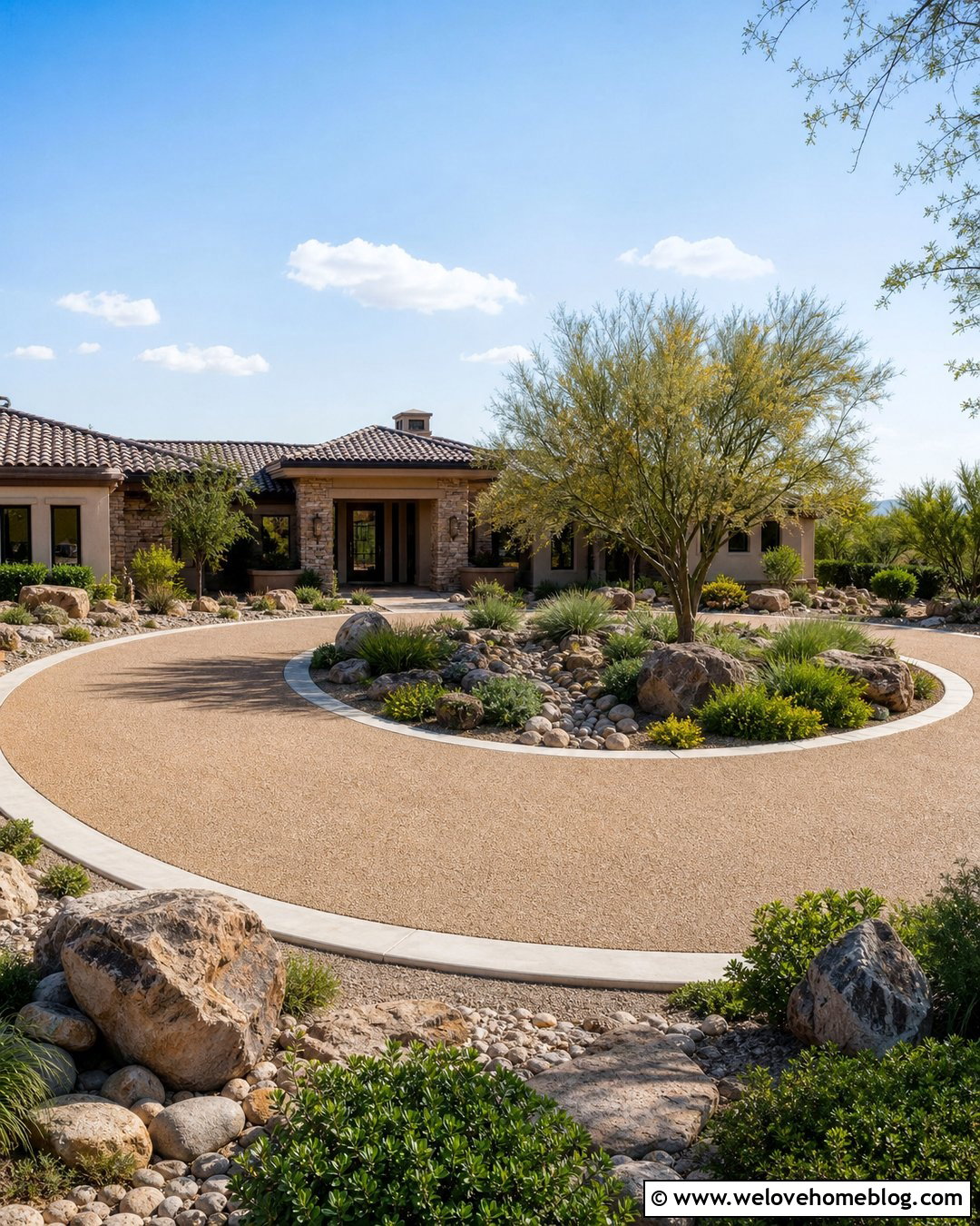 Circle Driveway With A Dry Creek Garden - 25 front yard circle driveway landscaping ideas