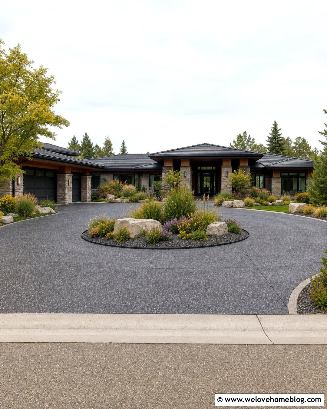 Circle Driveway With Boulder and Grass Landscaping - 20 circle driveway landscaping front yards ideas