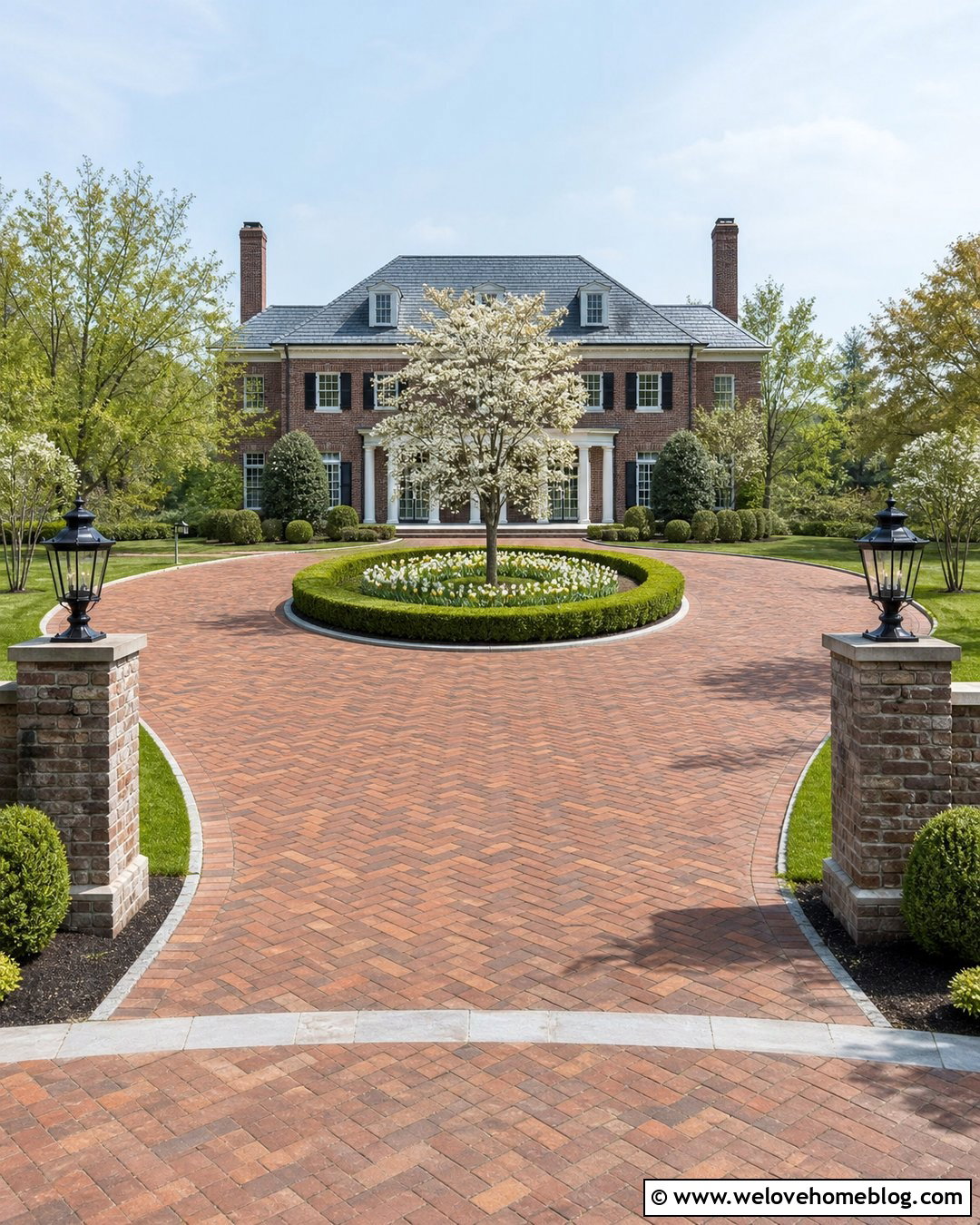 Circle Driveway With Boxwood Garden - 35 Circle Driveway Ideas