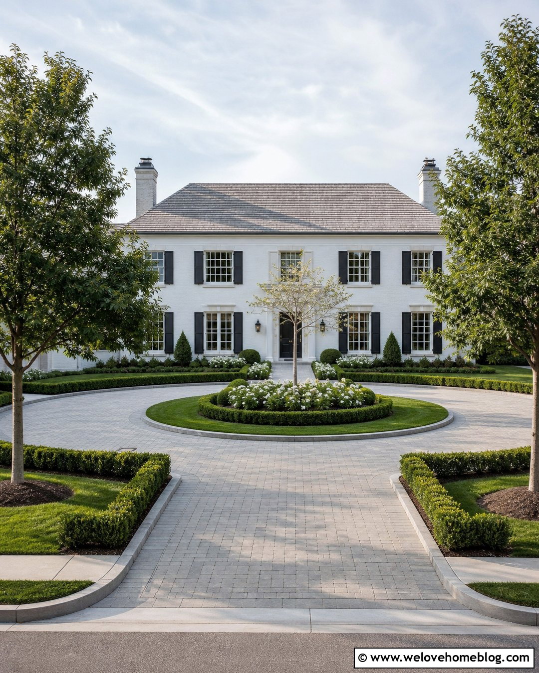 Circle Driveway With Low Boxwood Border - 40 Circle Driveway Front Yards Ideas