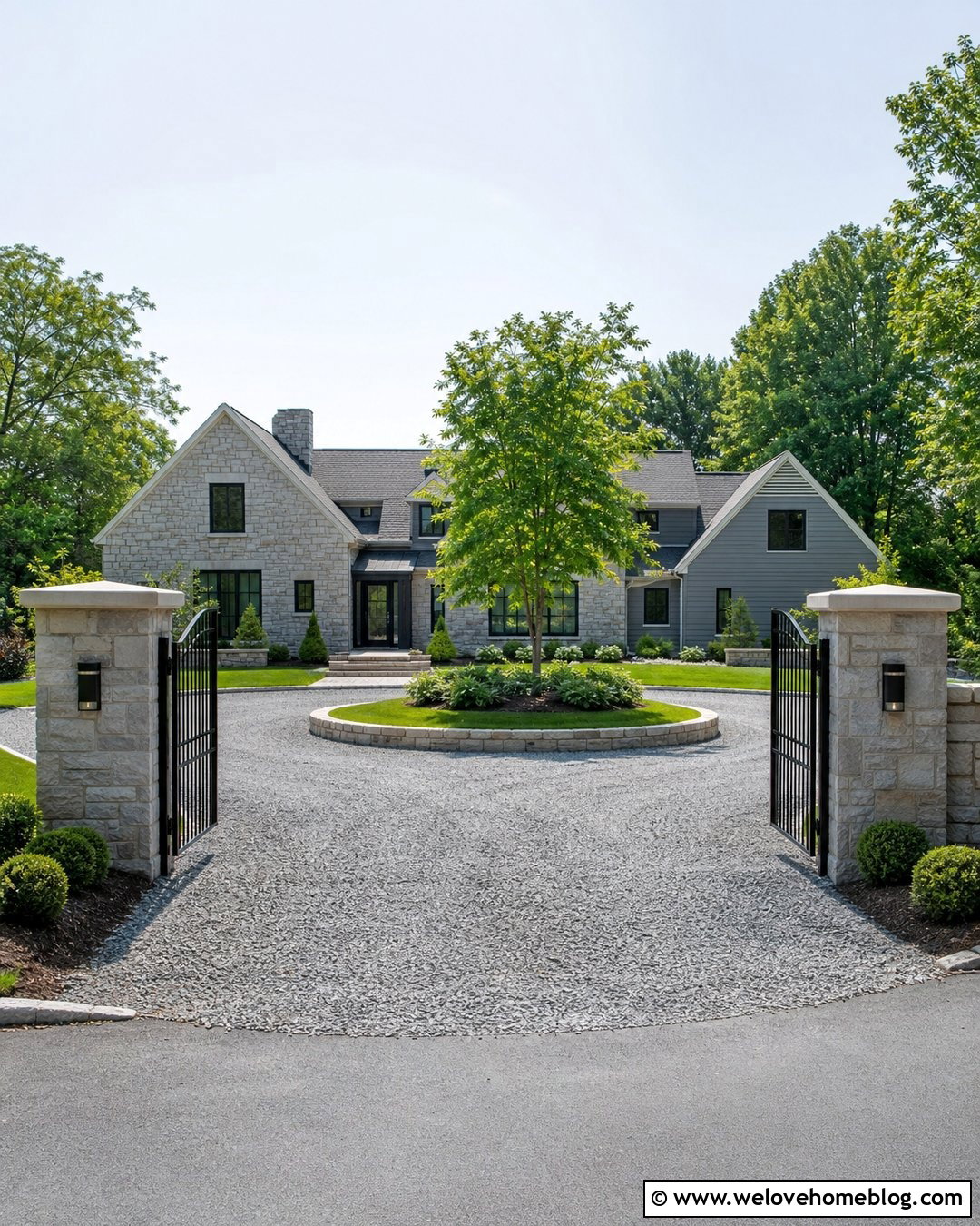Circle Driveway With Stone Pillars And Gate - 35 Circle Driveway Ideas