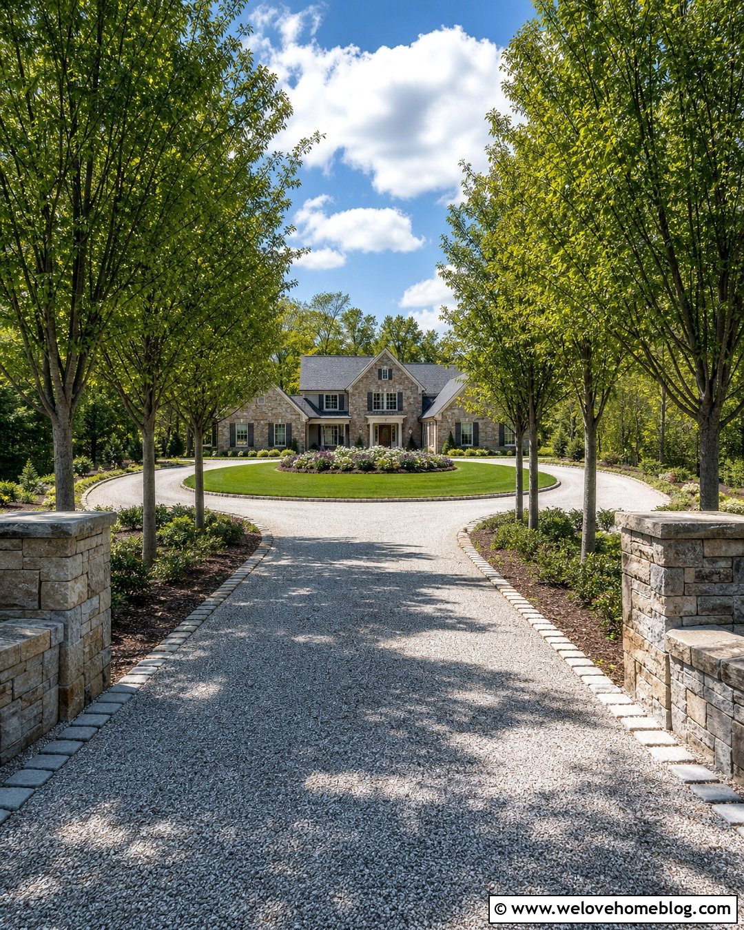 Circle Driveway With Stone Pillars and Trees - 20 circle driveway landscaping front yards ideas
