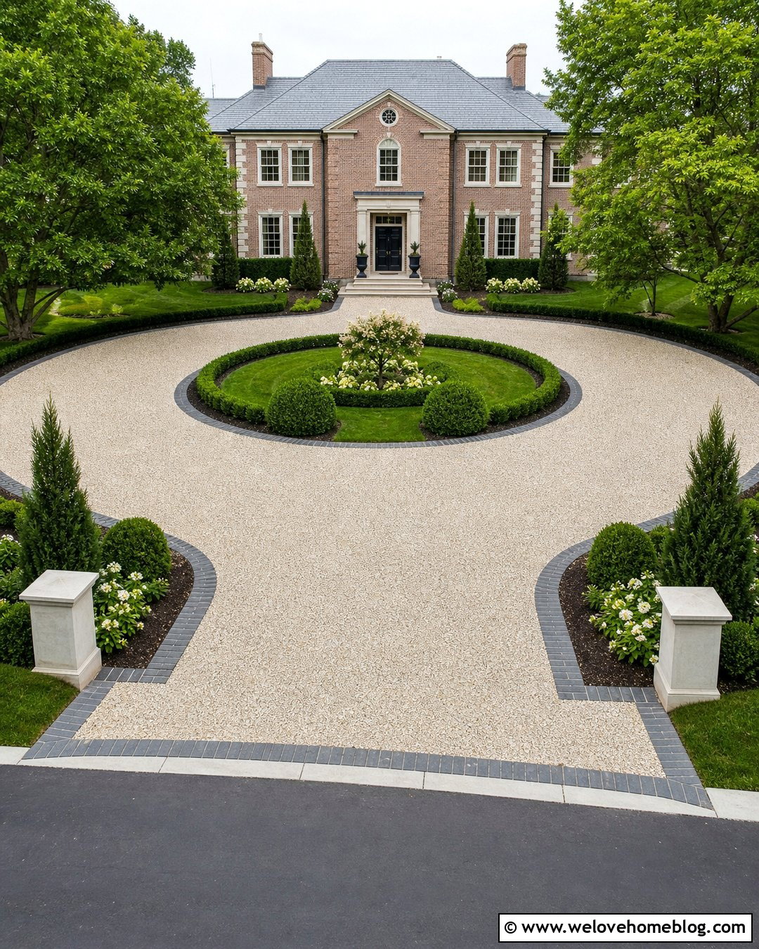 Circular Aggregate Driveway With Formal Landscaping - 30 Aggregate Driveway Ideas