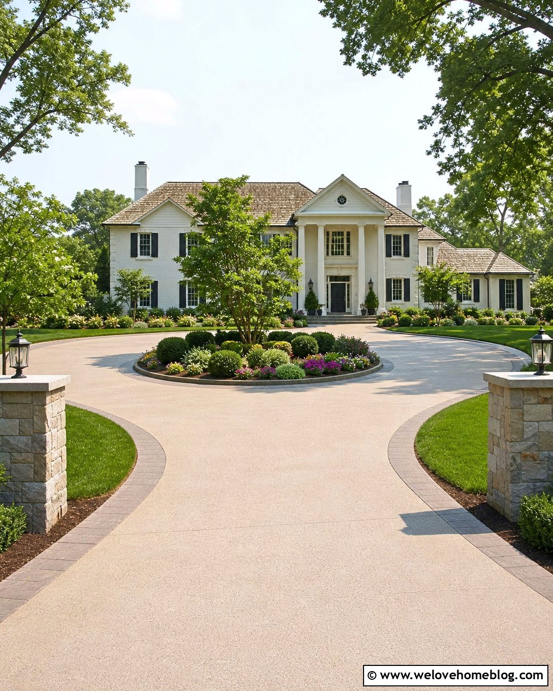 Circular Beige Concrete Driveway With Center Garden - 20 Beige Concrete Driveway Ideas