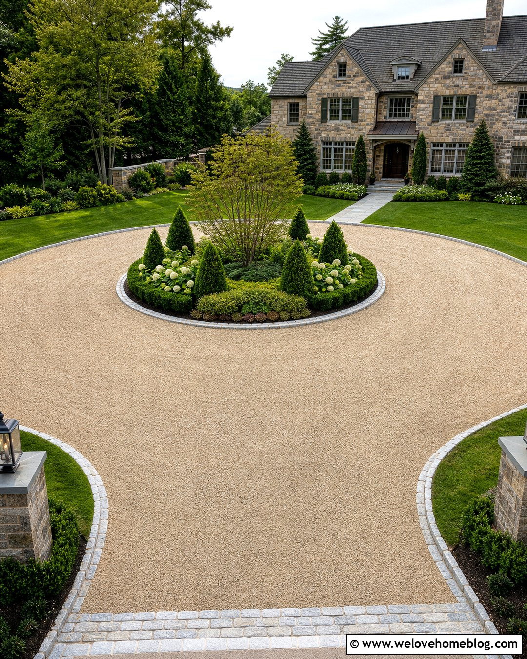 Circular Beige Gravel Driveway With Center Garden - 20 Beige Gravel Driveway Ideas