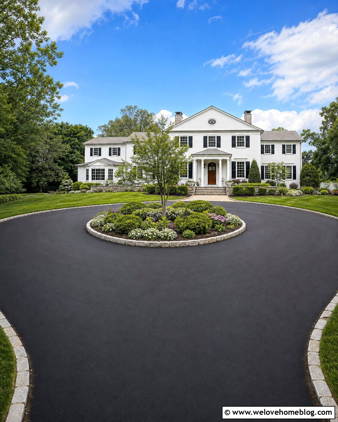 Circular Bitumen Driveway With Planted Island - 25 Bitumen Driveway Ideas