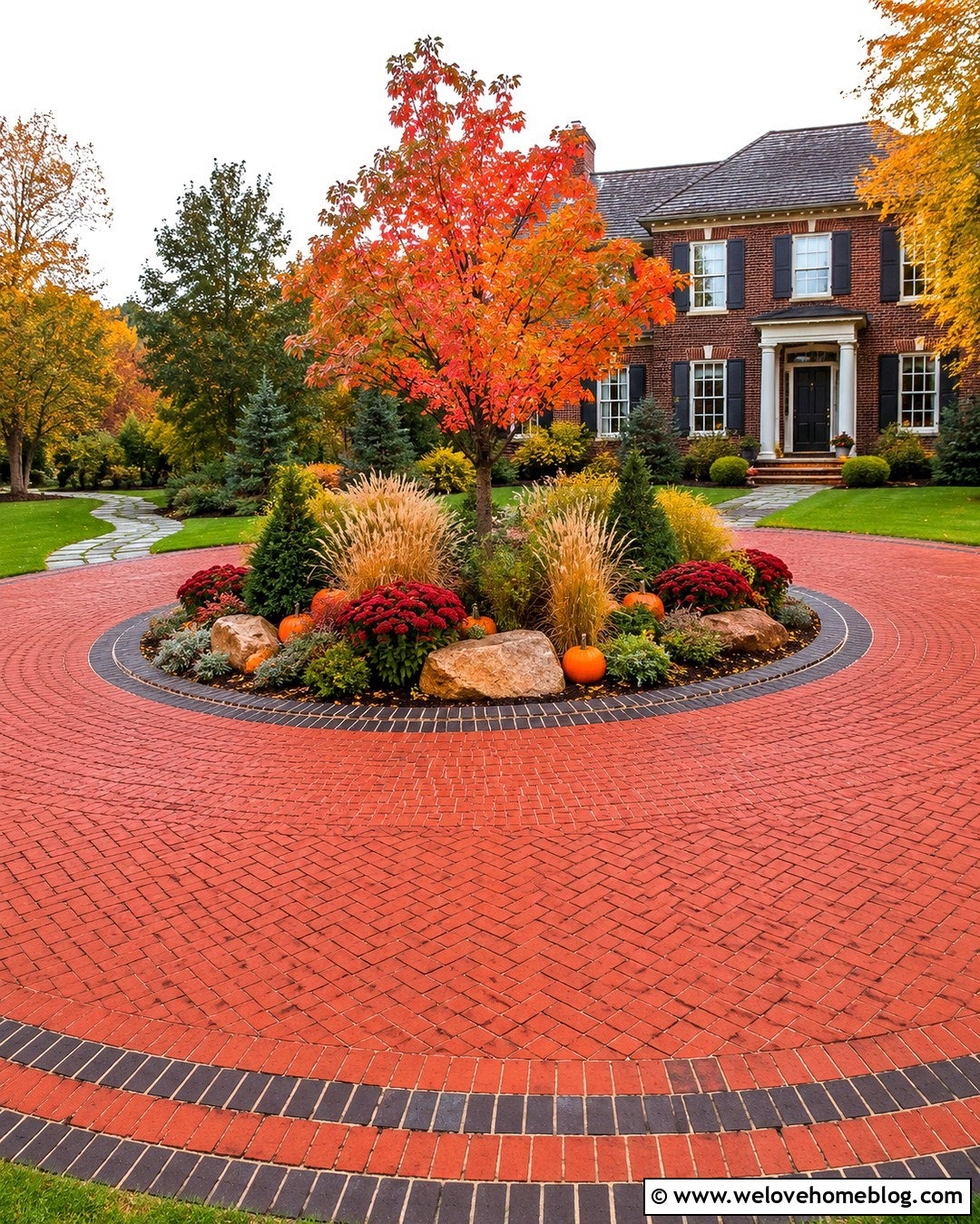 Circular Brick Driveway With A Fall Garden - 20 autumn driveway landscaping ideas