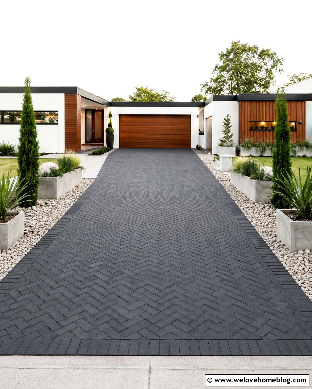 Circular Brick Driveway With A Planted Center Island - 20 Modern Brick Driveway With Landscaping Ideas