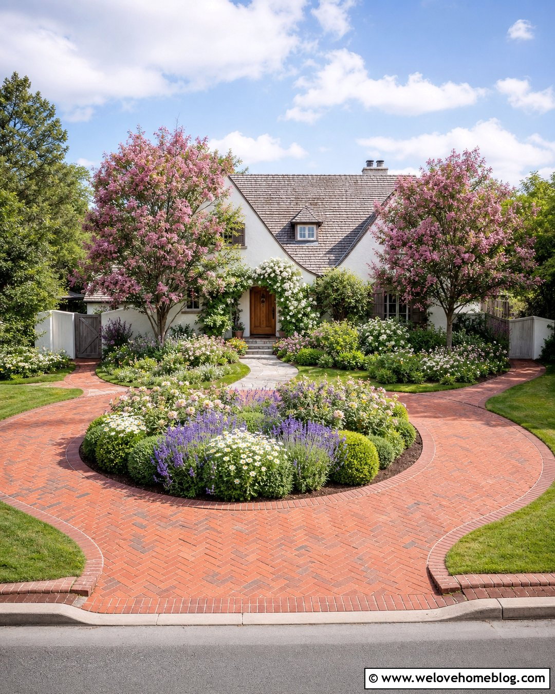 Circular Brick Driveway With Cottage Flowers - 20 driveway front yard landscaping circular ideas