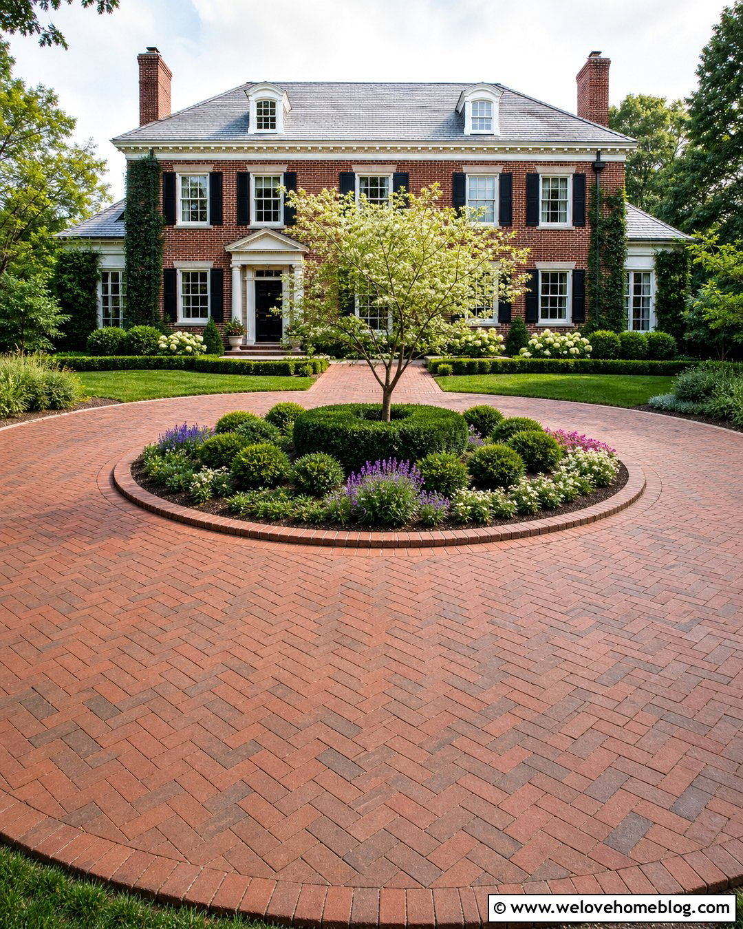Circular Brick Paver Driveway With Center Garden