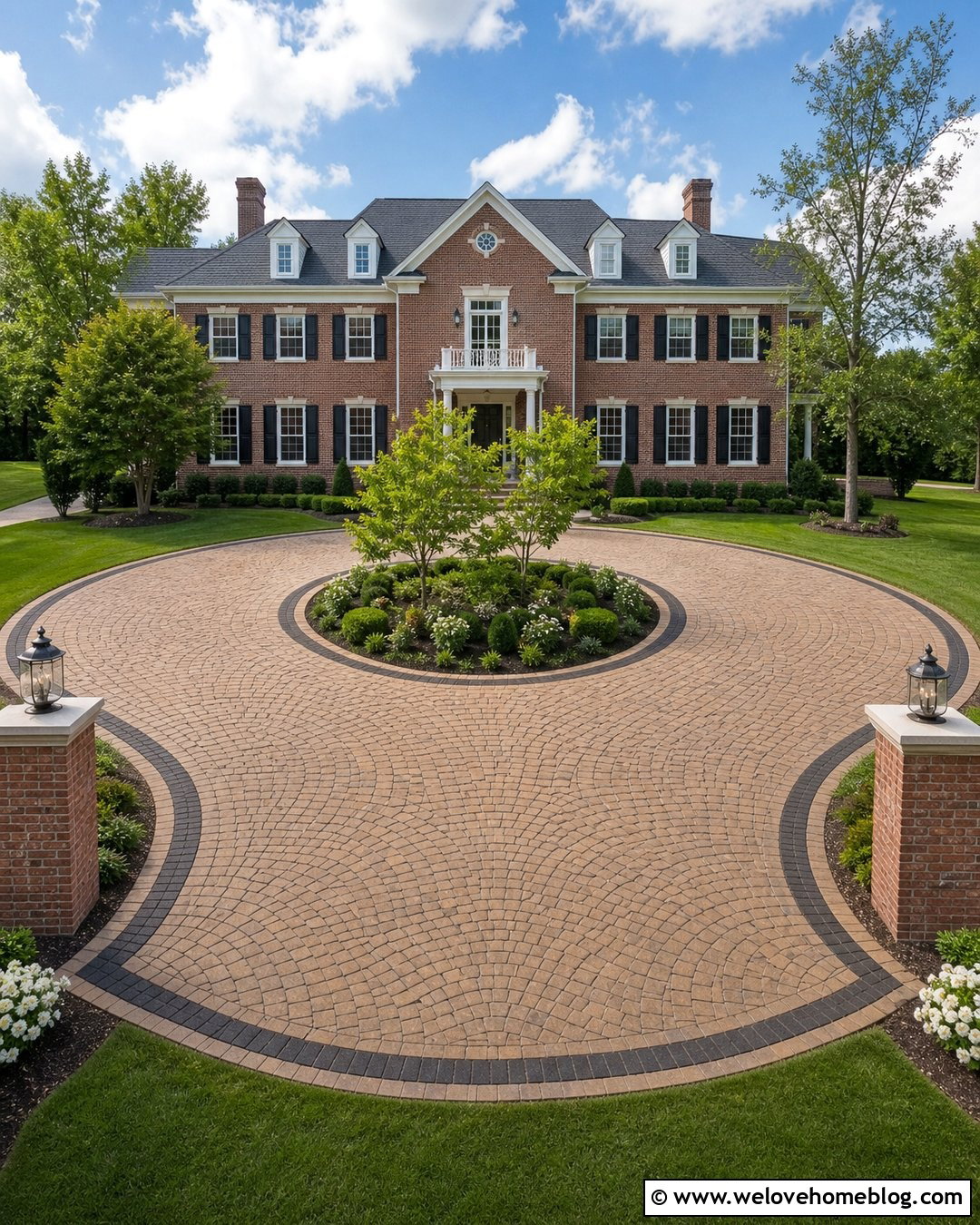 Circular Brown Paver Driveway With Center Island - 20 Brown Pavers Driveway Ideas