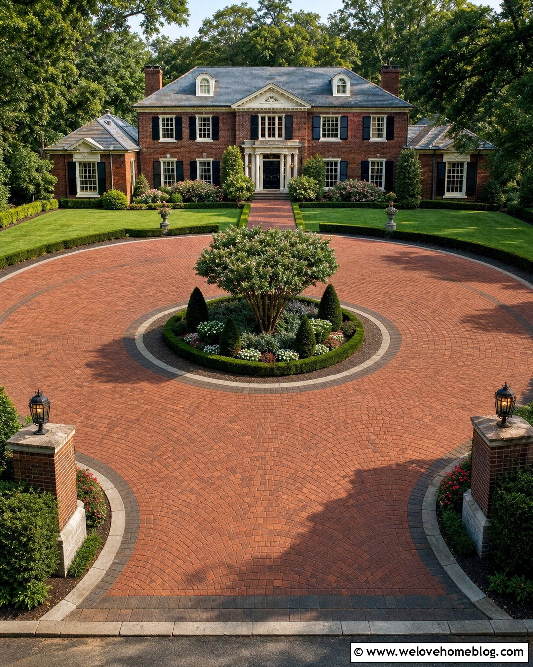 Circular Clay Paver Driveway With Center Garden - 20 Clay Pavers Driveway Ideas