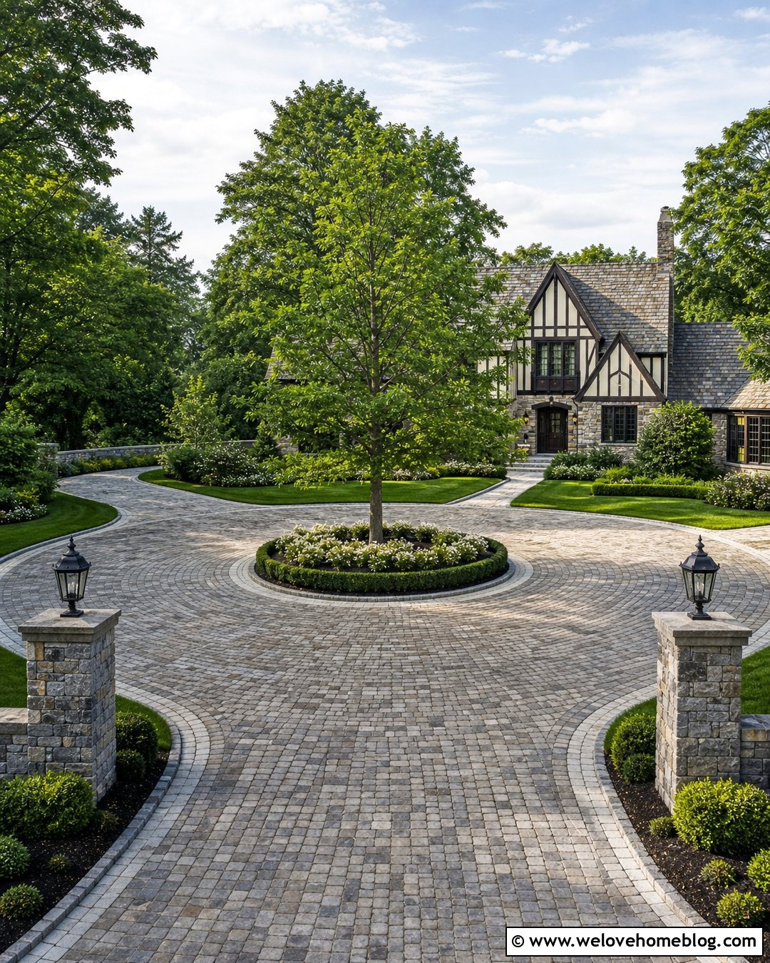 Circular Cobblestone Driveway Entrance - 40 Driveway Entrance Curb Appeal Ideas
