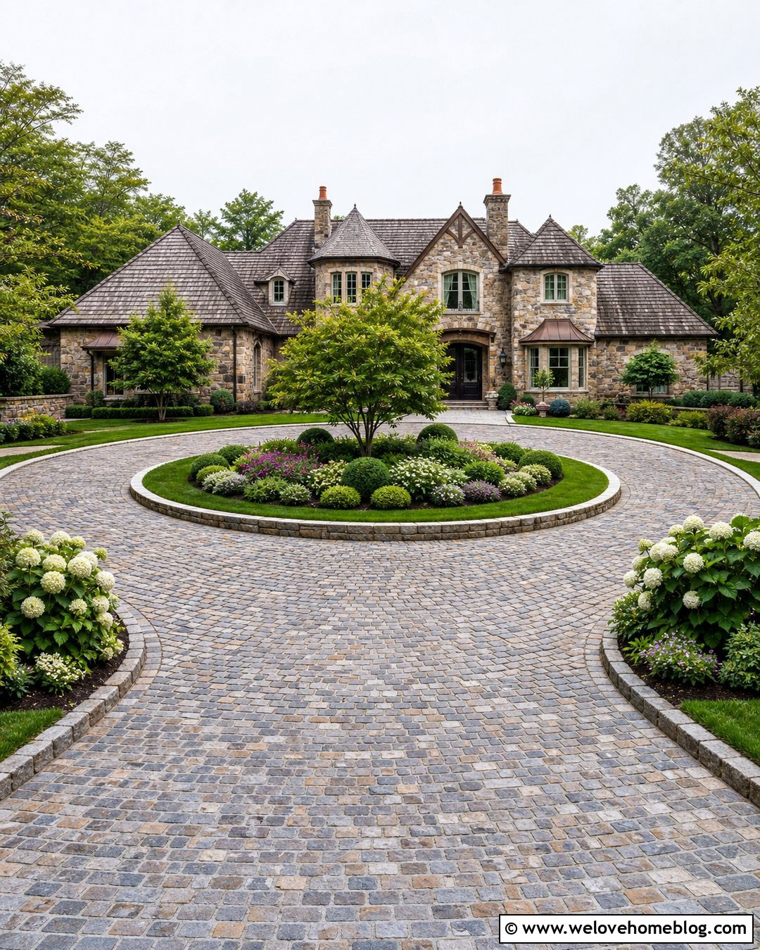 Circular Cobblestone Driveway With Center Garden - 25 Car Driveway Ideas