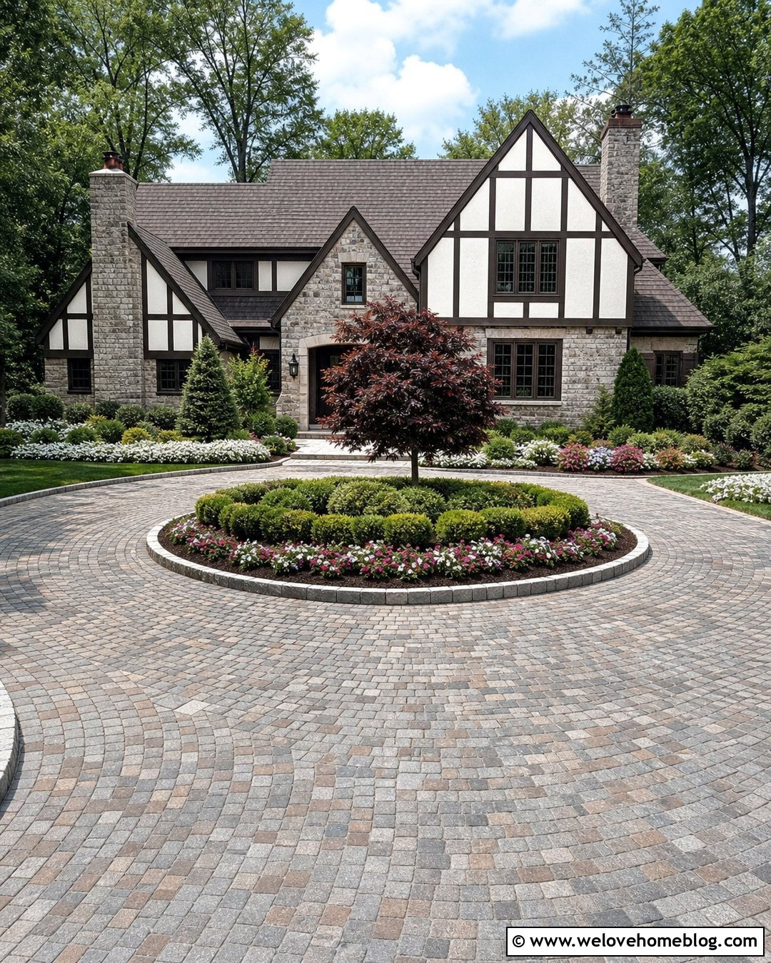 Circular Cobblestone Driveway With Center Garden - 35 Beautiful Driveways Ideas