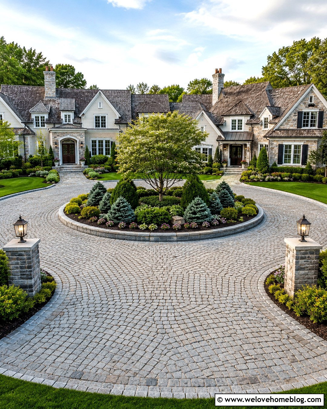 Circular Cobblestone Driveway With Center Garden - 20 New Driveway Ideas