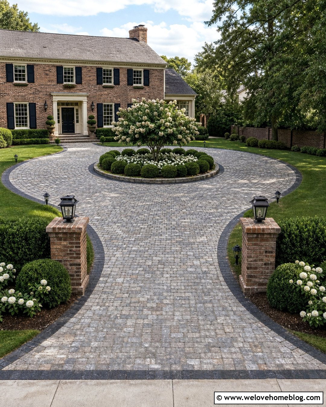 Circular Cobblestone Driveway With Solar Lantern Markers - 20 Driveway Markers Entrance Solar Lights Ideas