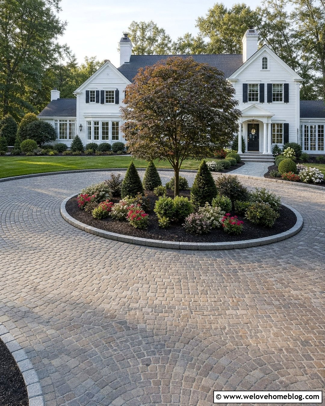 Circular Cobblestone Paver Driveway With Center Garden - 20 Paver Driveway Curb Appeal Ideas