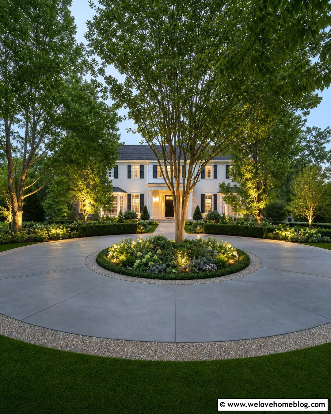 Circular Concrete Driveway With Center Island Lighting - 20 Concrete Driveway Lighting Ideas