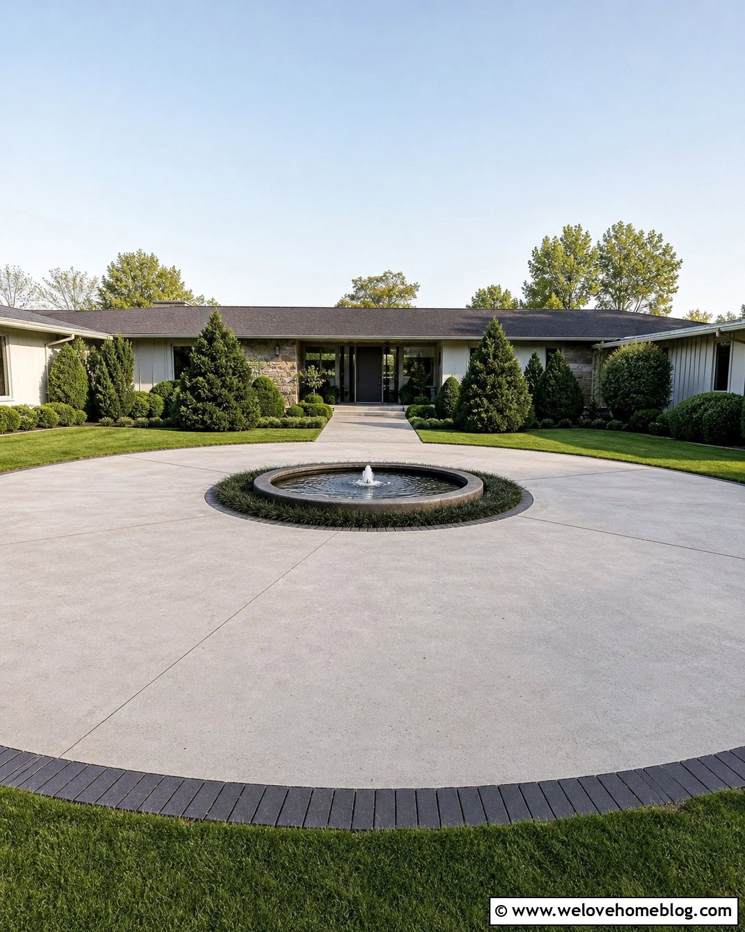 Circular Concrete Driveway With Low Basin Fountain - 25 Driveway With Fountain Ideas