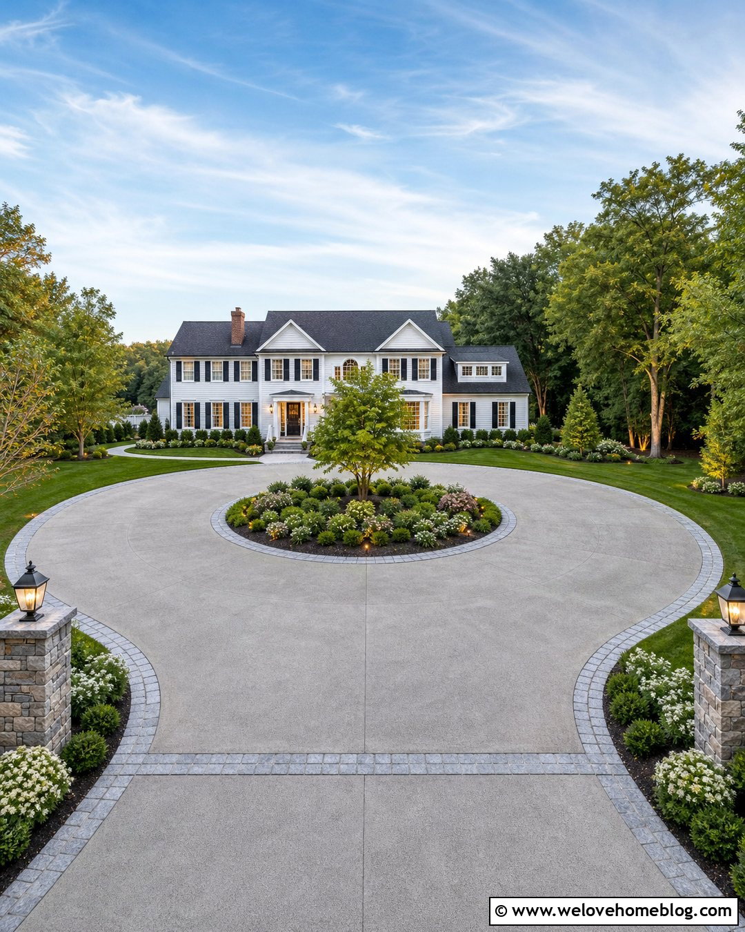 Circular Concrete Driveway With Planted Island - 20 New Concrete Driveway Ideas