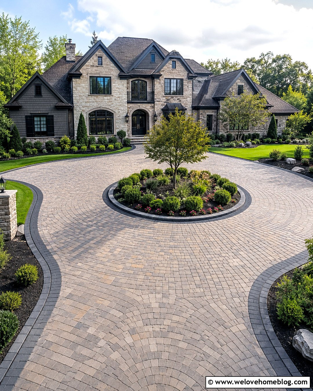 Circular Concrete Paver Driveway With Center Island