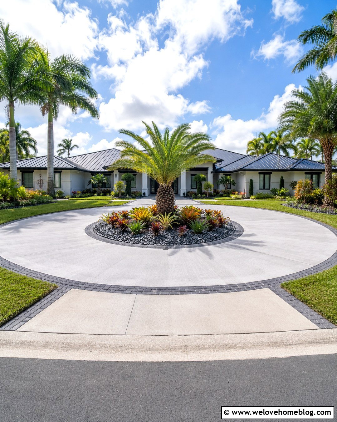 Circular Concrete Tropical Driveway With Island Planting - 20 tropical driveway scenery ideas