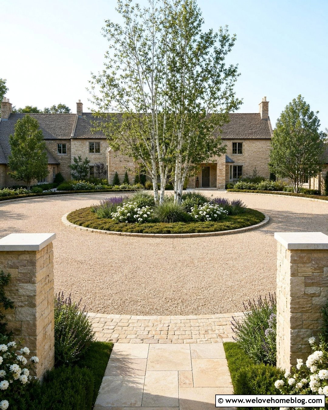 Circular Cotswold Gravel Driveway With Planted Island - 20 Cotswold Gravel Driveway Ideas