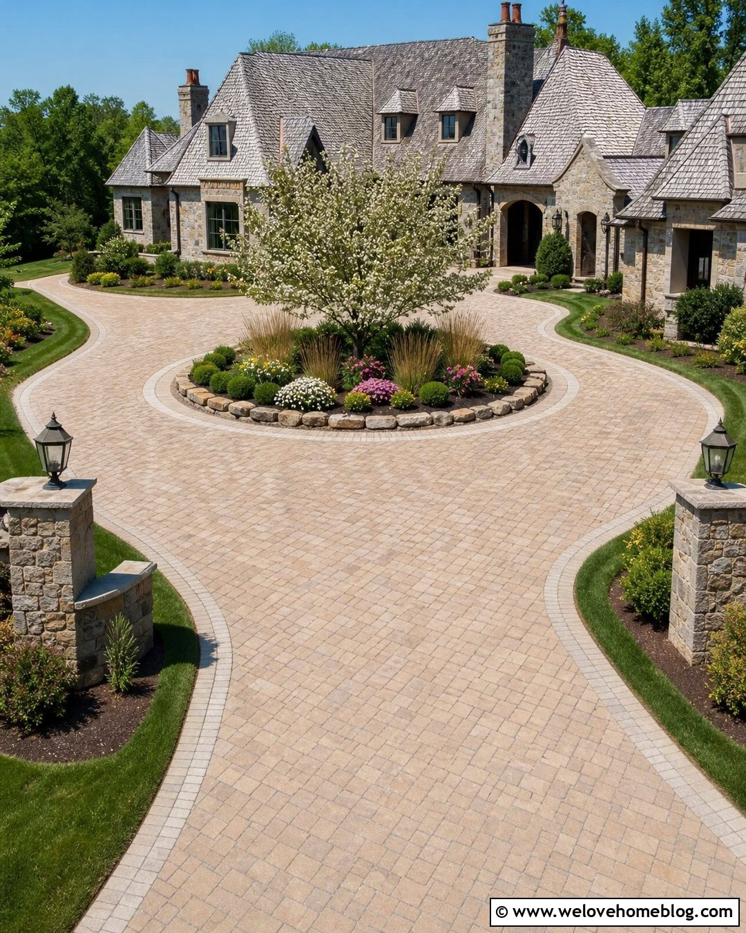 Circular Country Driveway Entrance With A Garden Island - 35 Driveway Entrance Landscaping Country Ideas