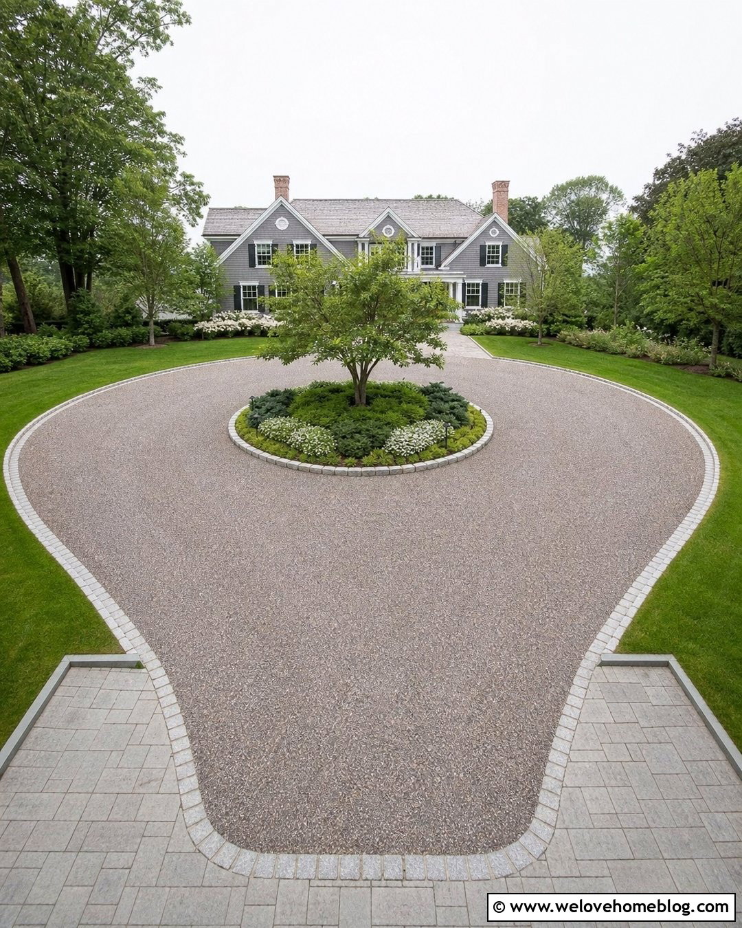 Circular Creek Rock Driveway With A Planted Island - 20 Creek Rock Driveway Ideas