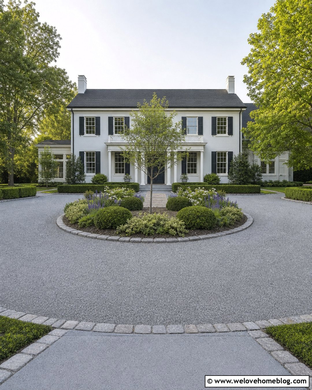Circular Crushed Stone Driveway With a Planted Island - 25 Crushed Stone Driveway Ideas