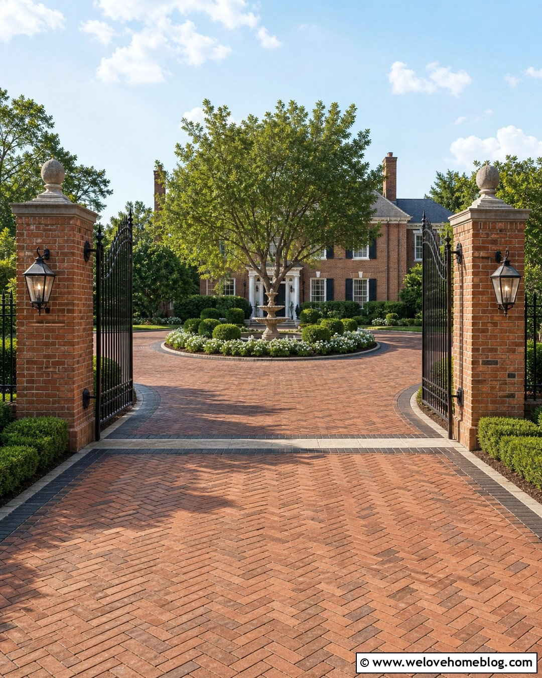 Circular Driveway Entrance With Brick Columns - 25 Luxury Driveway Entrance Ideas
