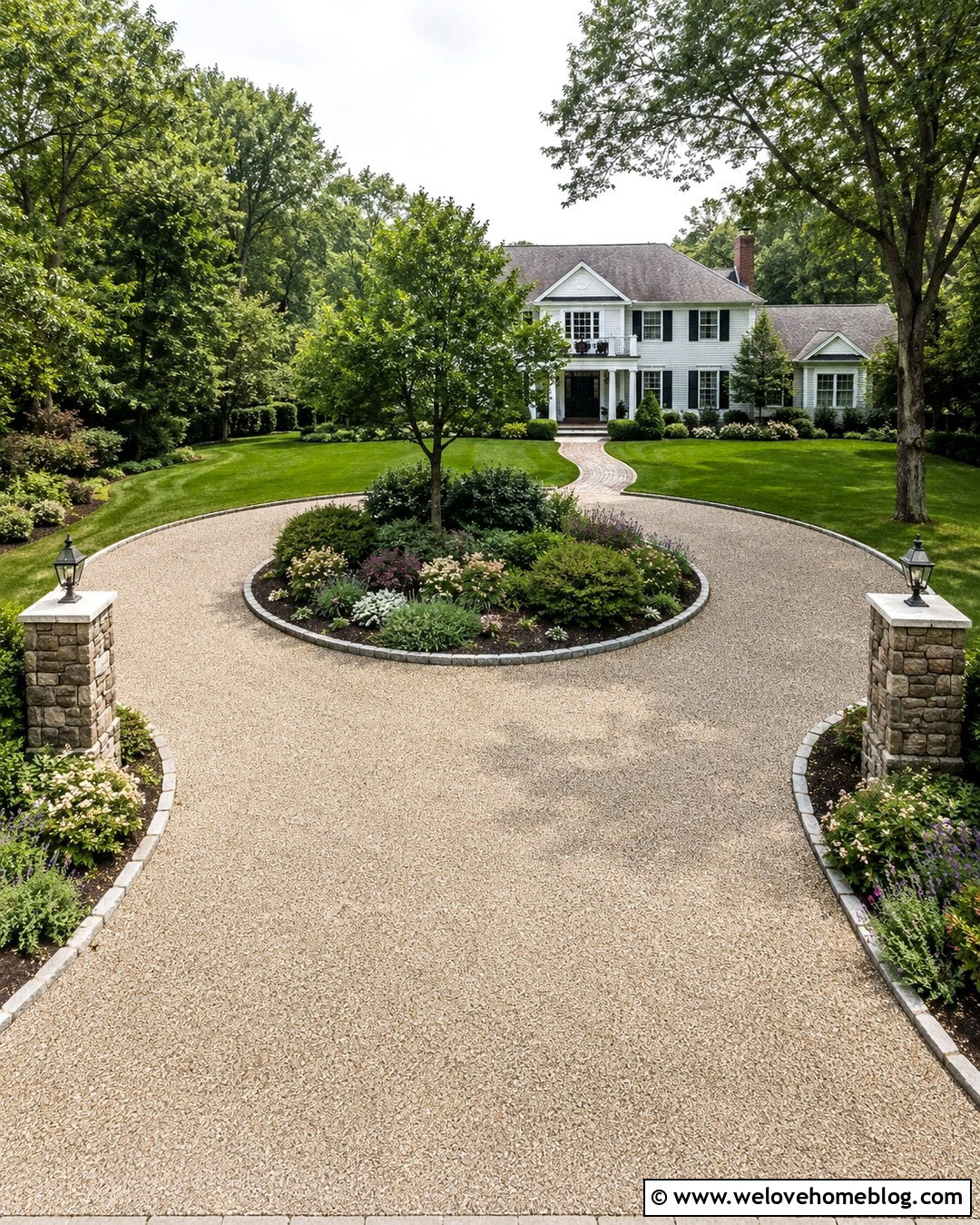 Circular Driveway Entrance With Center Landscaping - 20 Front Yard Driveway Entrance Ideas