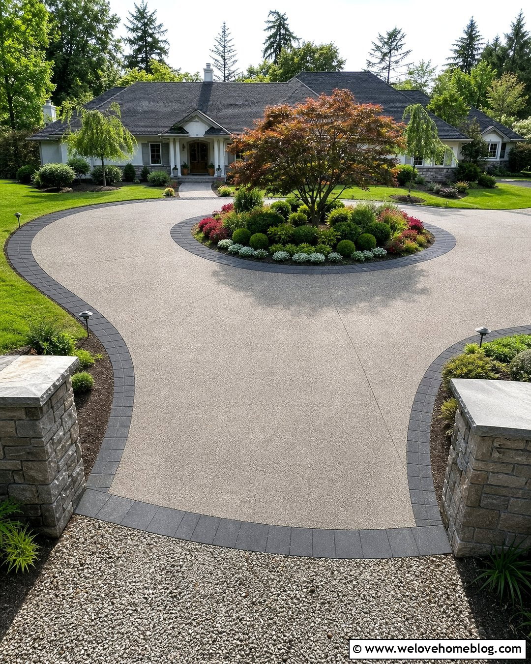 Circular Driveway Entrance With Central Landscaping - 20 Entryway Driveway Ideas