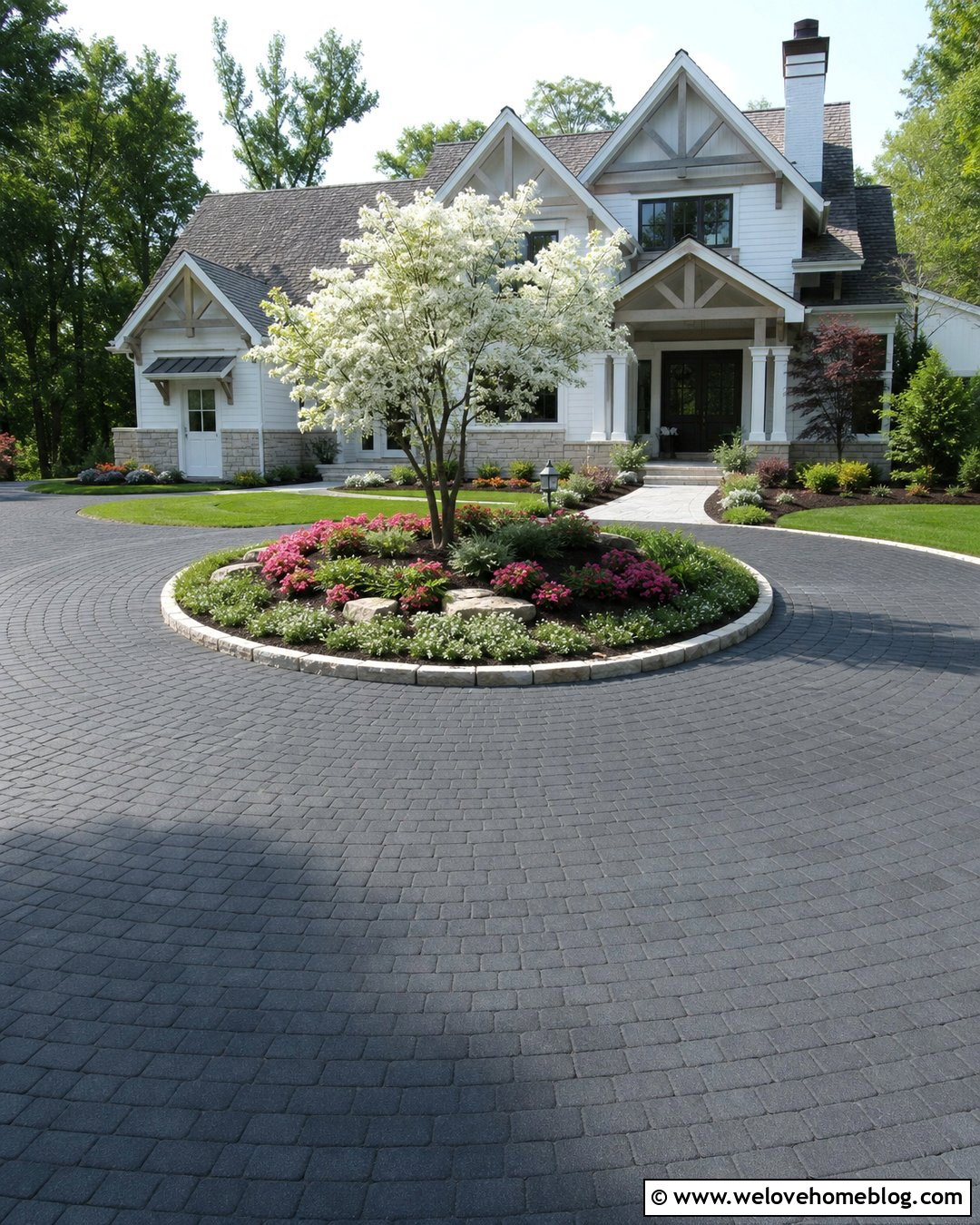 Circular Driveway Island With Flowering Tree - 25 Driveway Island Landscaping Ideas