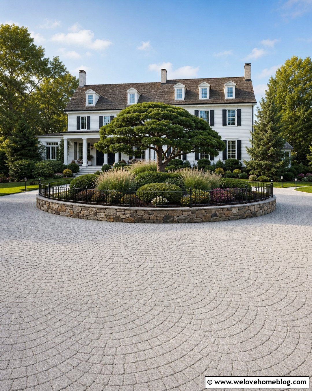 Circular Driveway Railing With A Garden Island - 20 Driveway Railing Ideas