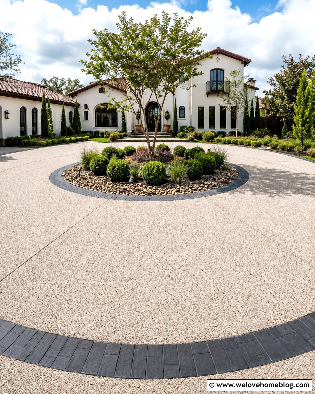 Circular Driveway With A Central Sun Garden - 20 Sunlit Driveway Landscaping Ideas