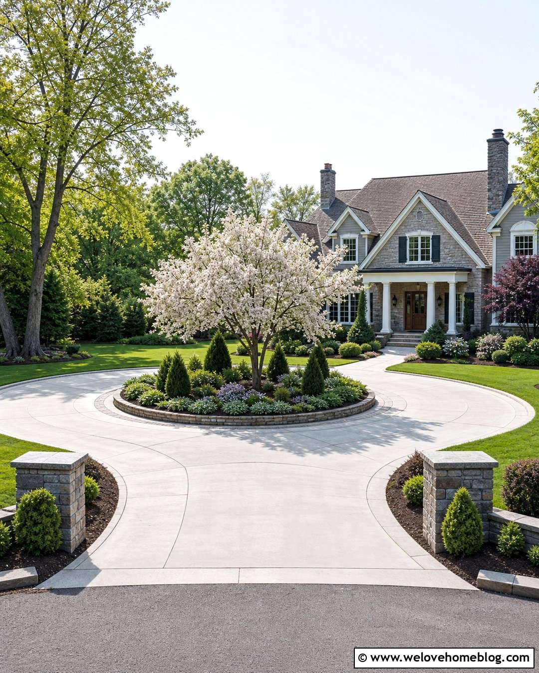 Circular Driveway With A Tree Island - 40 Front Driveway Landscaping Ideas