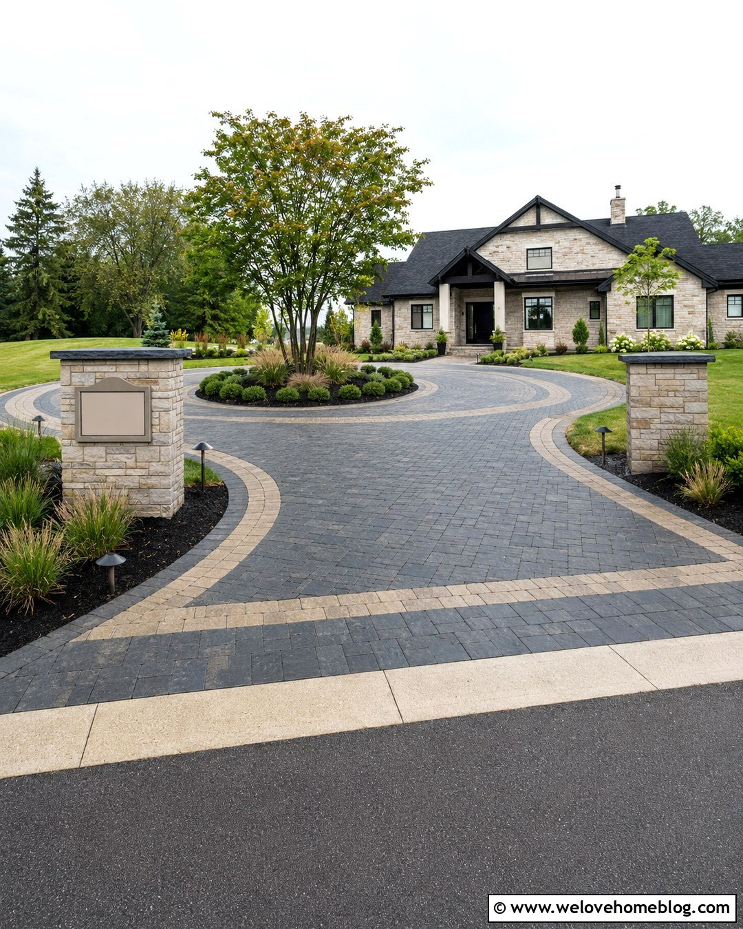 Circular Driveway With Address Sign And Lighting - 20 Driveway Circle Ideas