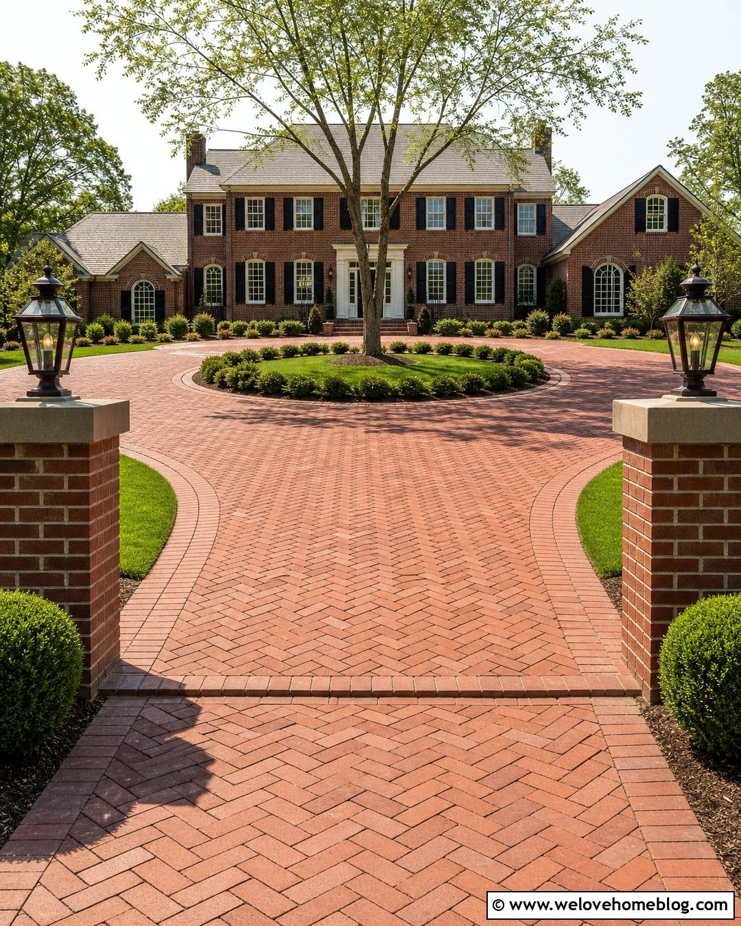 Circular Driveway With Brick Entrance Pillars - 45 Circular Driveway Ideas