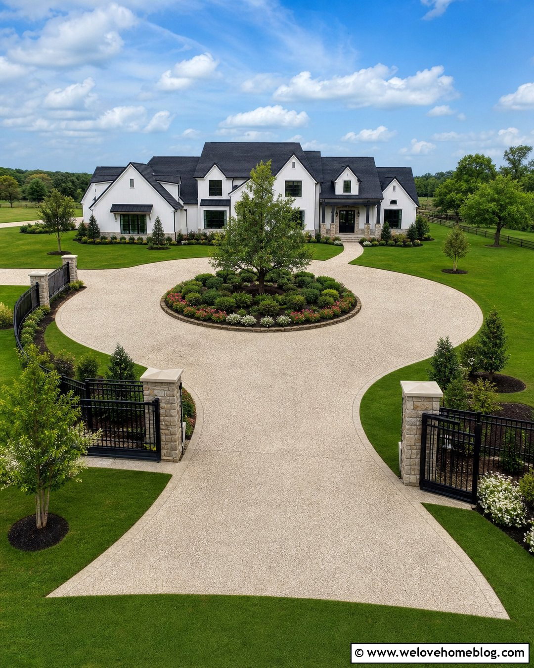 Circular Driveway With Dual Fence Gates - 25 Driveway Front Yard Fence Gate Ideas